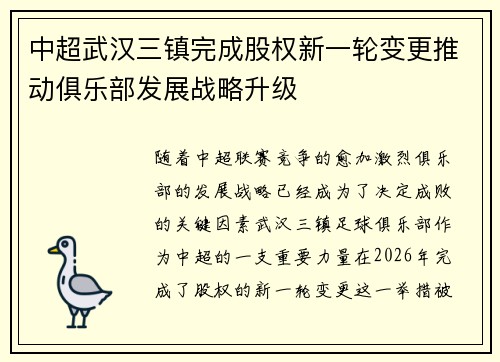 中超武汉三镇完成股权新一轮变更推动俱乐部发展战略升级