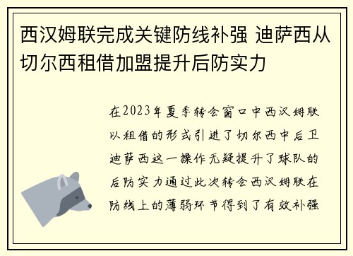 西汉姆联完成关键防线补强 迪萨西从切尔西租借加盟提升后防实力